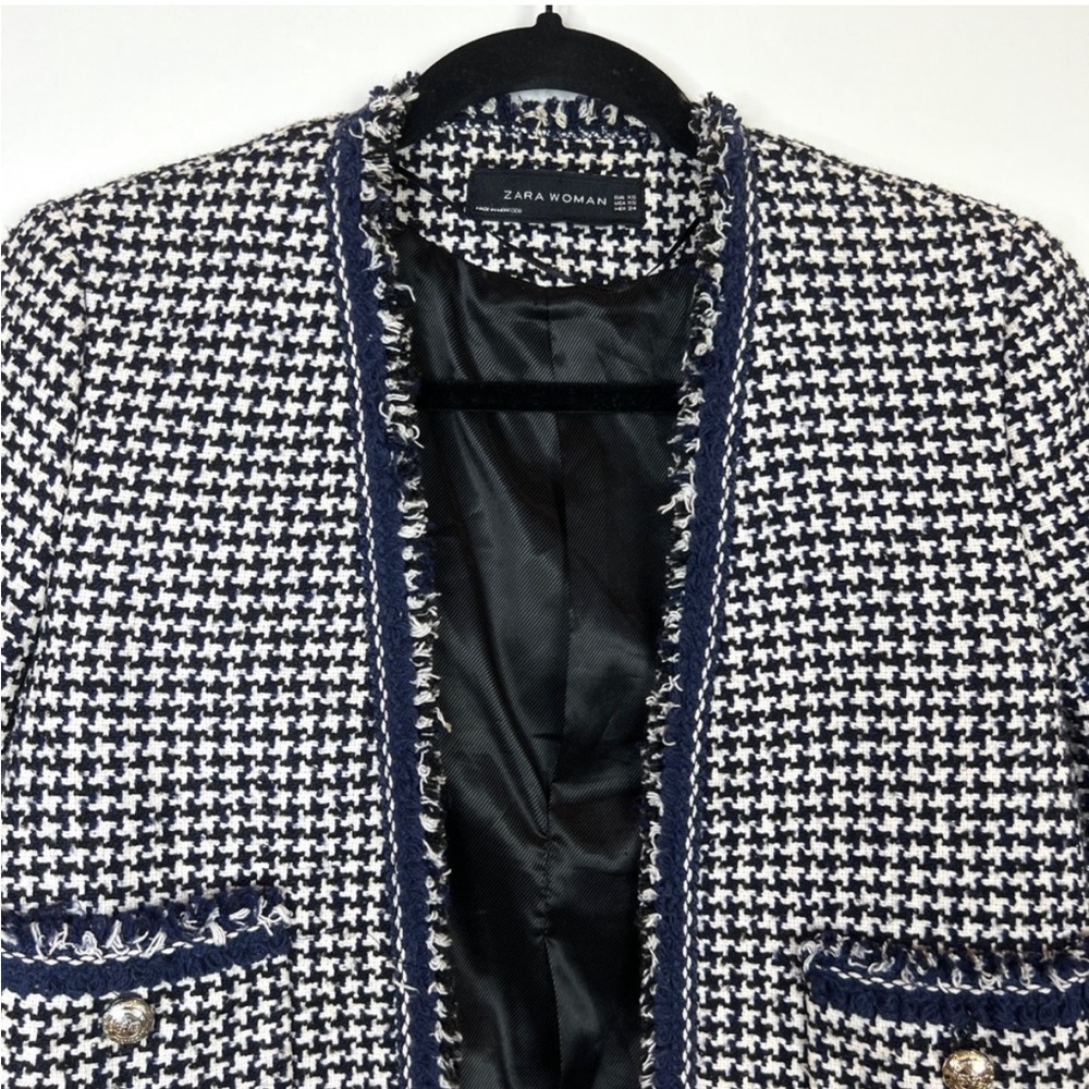 Zara NWOT black white & navy blue houndstooth textured tweed blazer jacket - Picture 6 of 9